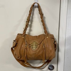 Rough Roses Tan Leather Hobo Shoulder Bag